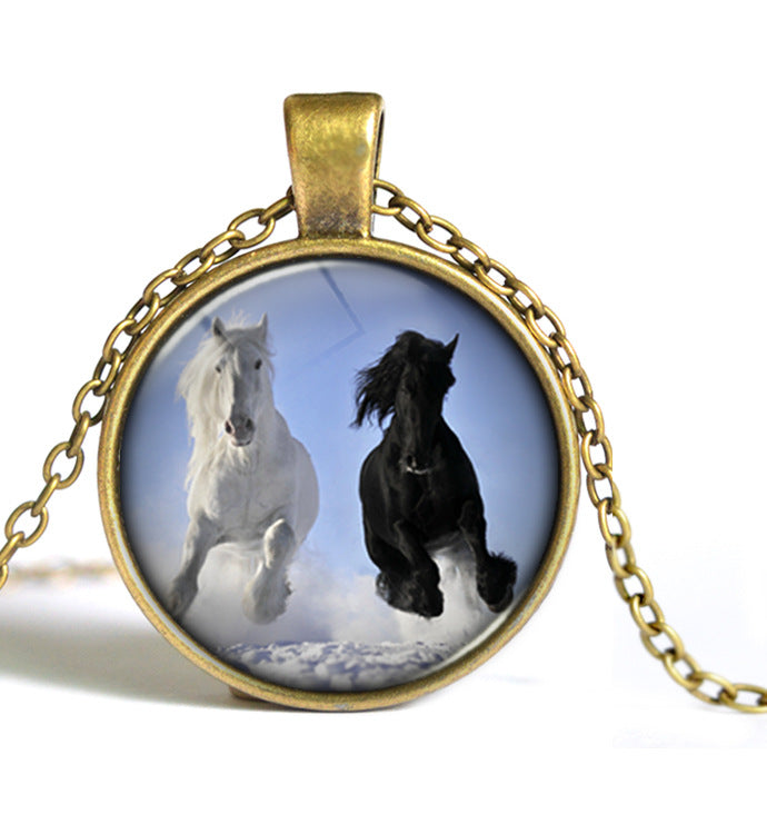 Black And White Horse Running Glass Necklaces