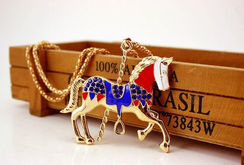 Enamel Rhinestone Crystal Gold Horse Bohemian Necklaces