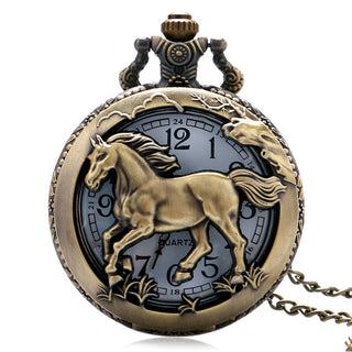 Bronze Copper Horse Running Hollow Quartz Pocket Watch Necklaces