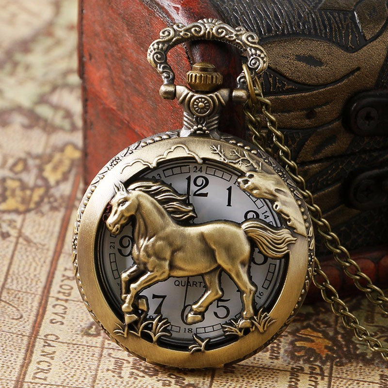 Bronze Copper Horse Running Hollow Quartz Pocket Watch Necklaces